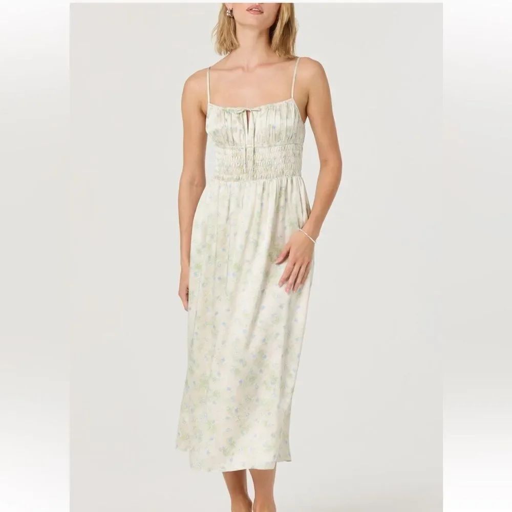 ASTR The Label Smocked Maxi Dress Cream Blue Floral